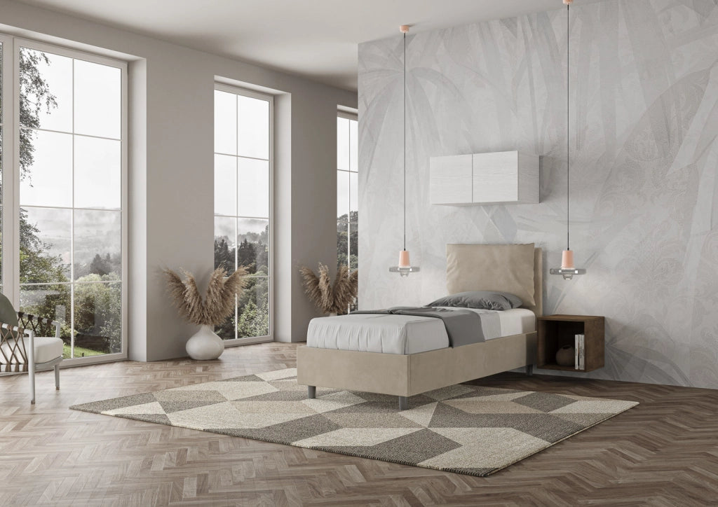 BS COM Letto singolo contenitore imbottito 90x210 microfibra sabbia