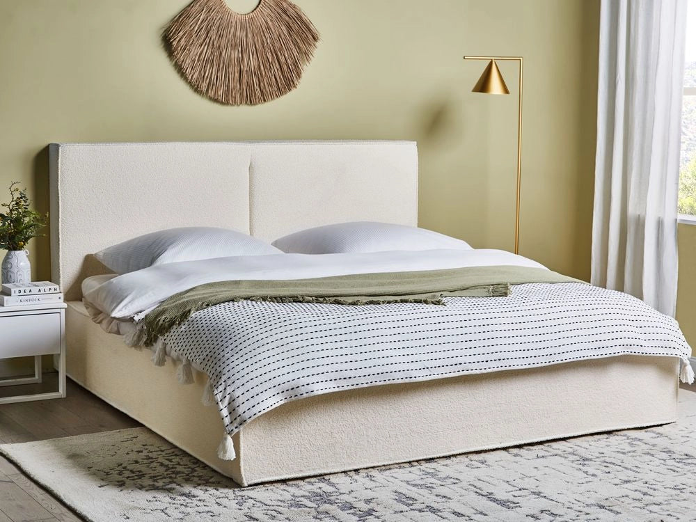 Letto king size 180 x 200 cm Bianco Sporco Rivestimento in bouclé Ottomana di contenitore Telaio a doghe Camera da letto moderna contemporanea