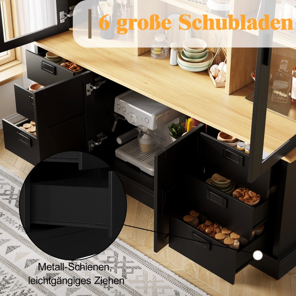 ARMADIO Dispensa 140 x 40 x 185 cm in MDF Nero con ante in vetro e 6 cassetti