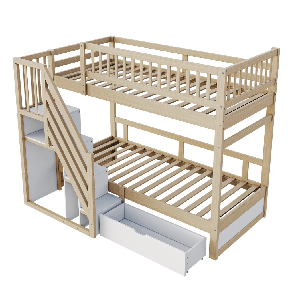 Letto a castello in legno massello 90x200 cm con scala contenitore e cassetti; bianco e legno naturale