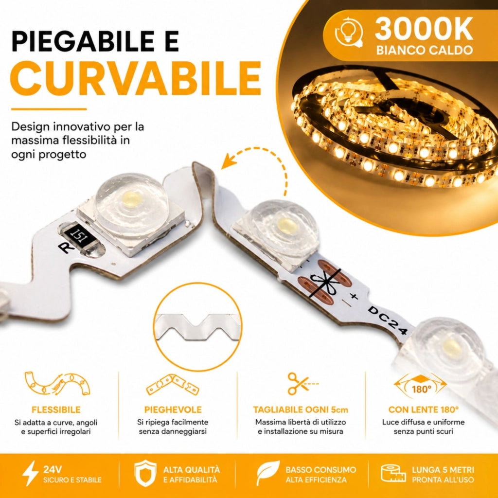 24V Bobina Striscia Led Curvabile Ripiegabile Bianco Caldo Con Lente 180 Gradi 20W/M 8mm 300 smd 6060 Per Cassone Pubblicitario Senza Ombra BL2454C MS12543