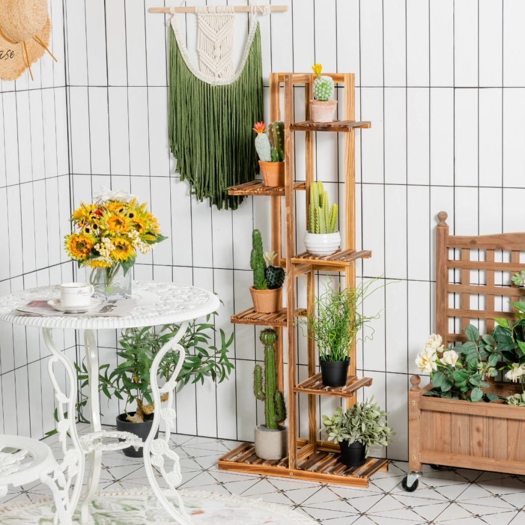 Porta piante di legno con 6 livelli per salone e balcone-Scaffale angolare multiuso per fiori per 7 vasi