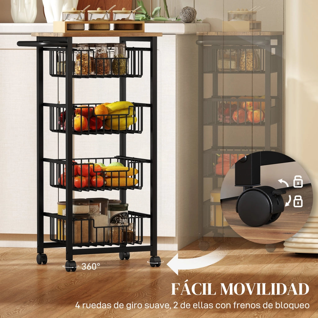 Carrello Verdulero per Cucina con 4 Cestelli Scorrevoli ¨C Zephmum ¨C 49.5x31x91 Roble