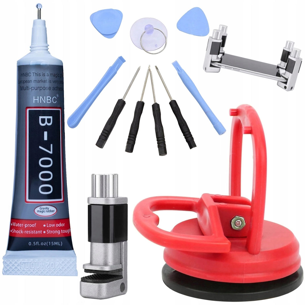 Set di Riparazione LCD Rosfix – Mini Morsa da Banco, Cacciaviti 25w1, Colla B7000, Ventosa 55mm