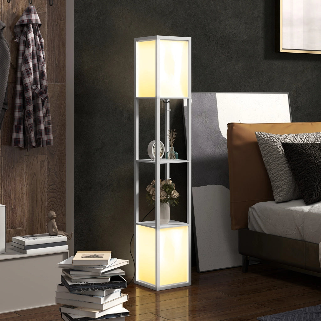 Lampada da Terra Moderna con 2 Paralumi e 2 Ripiani per Lampadine E27 Max. 40W, 26x26x156 cm, Bianco
