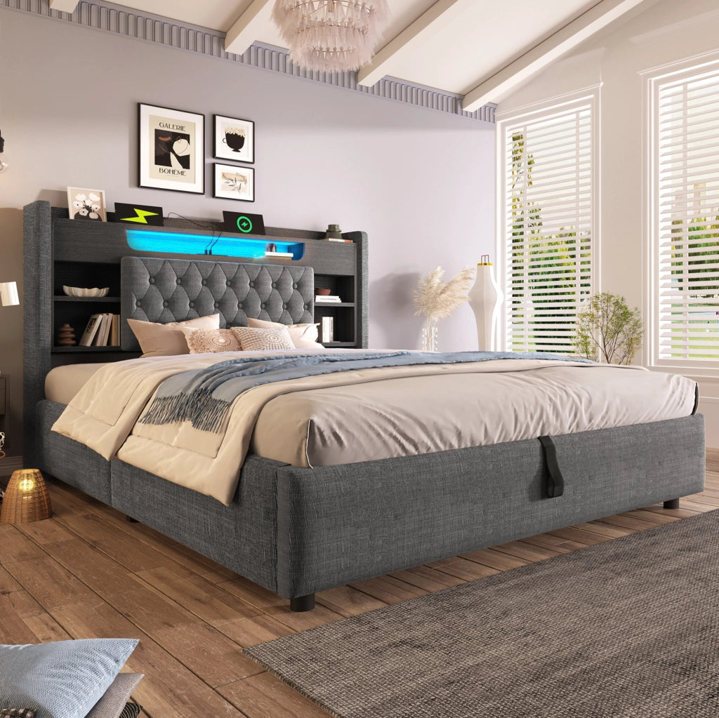 Letto matrimoniale 140x200 cm con contenitore idraulico; LED; USB e USB-C; grigio in lino