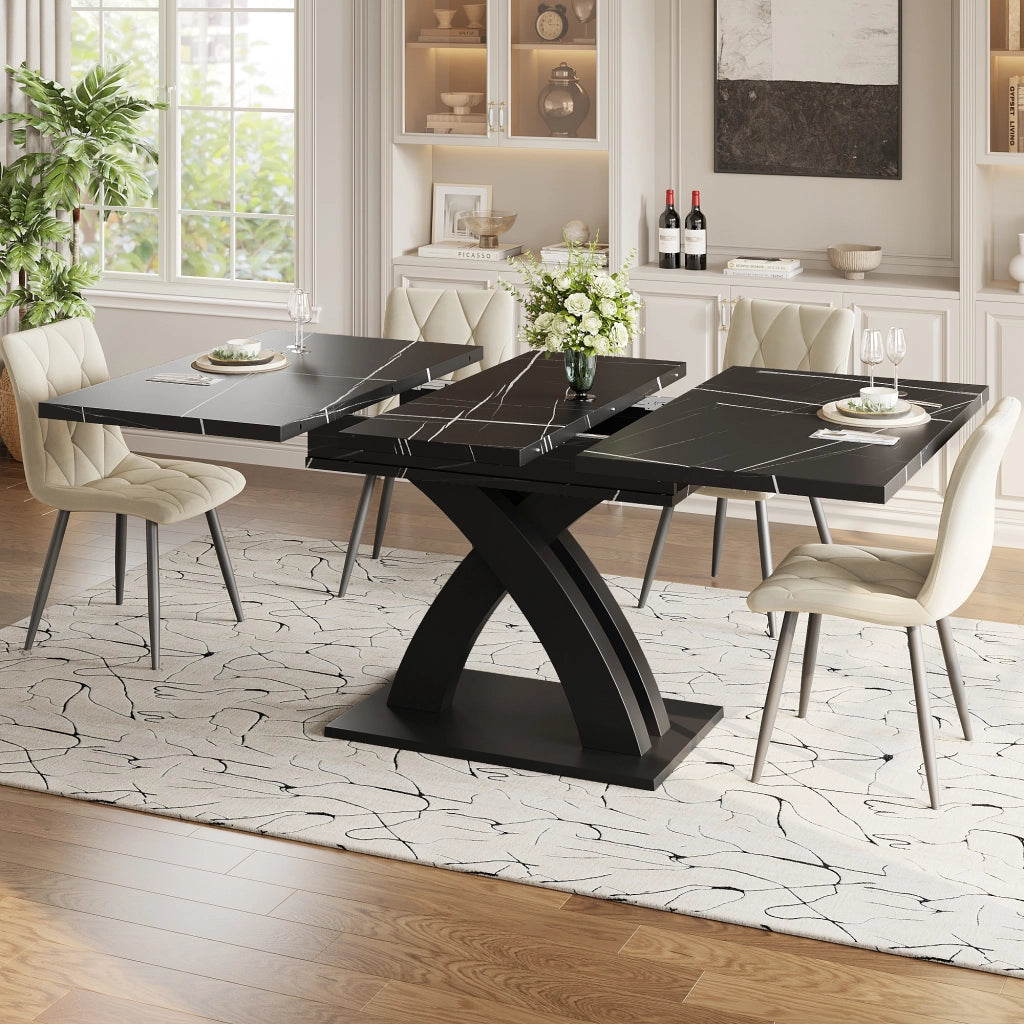 Tavolo da pranzo allungabile con struttura a X; piano in MDF e metallo; superficie nero e bianco per cucina; soggiorno e balcone