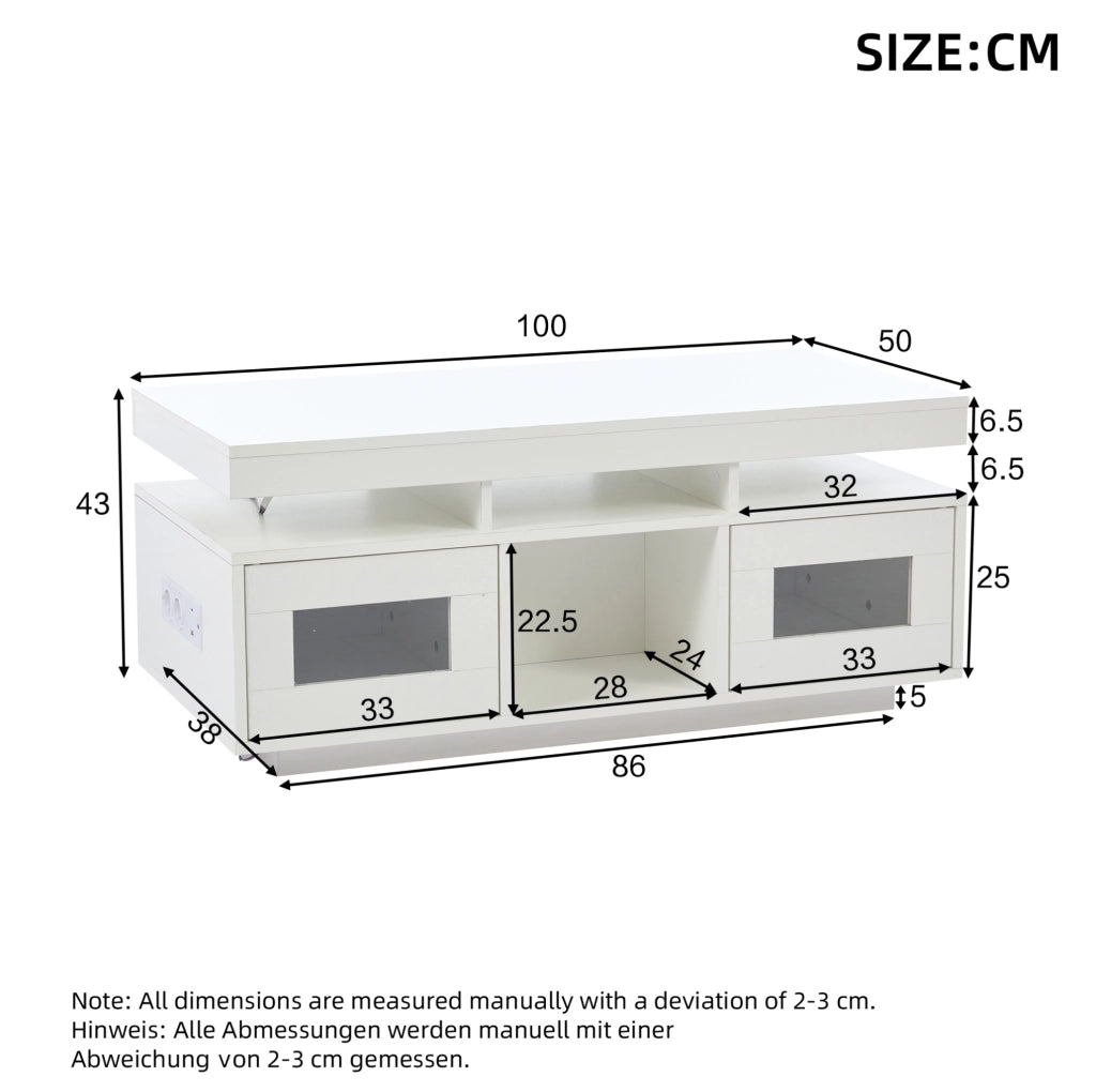 Tavolino da caffè bianco lucido 100 x 50 x 43 cm con LED, presa e USB