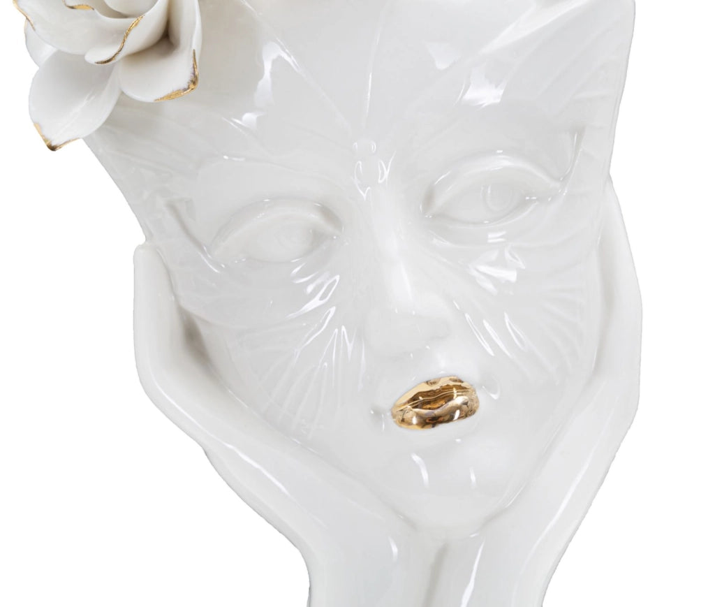 Vaso in ceramica bianca con decori oro 16,5x14x27,3cm Woman Mask