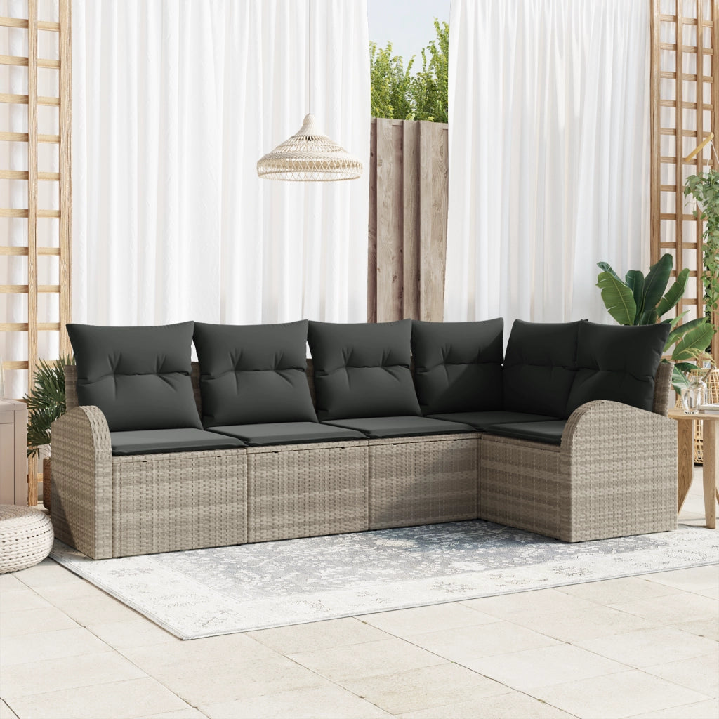 Set di Divani da Giardino  da 5 Pezzi con Cuscini Grigio Chiaro in Polyrattan