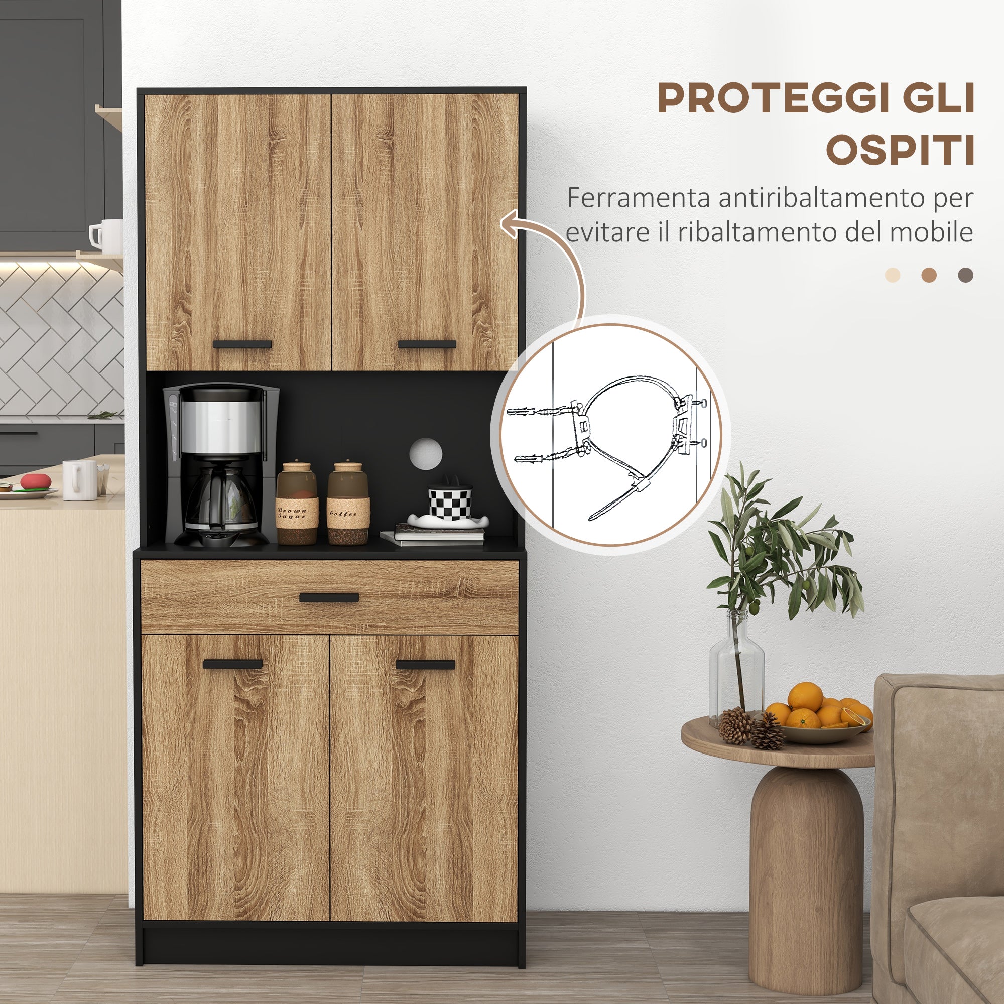 Credenza Cucina 80x40x180 cm con 2 Armadietti a 2 Ante e Cassetto in Legno Nero e color Legno