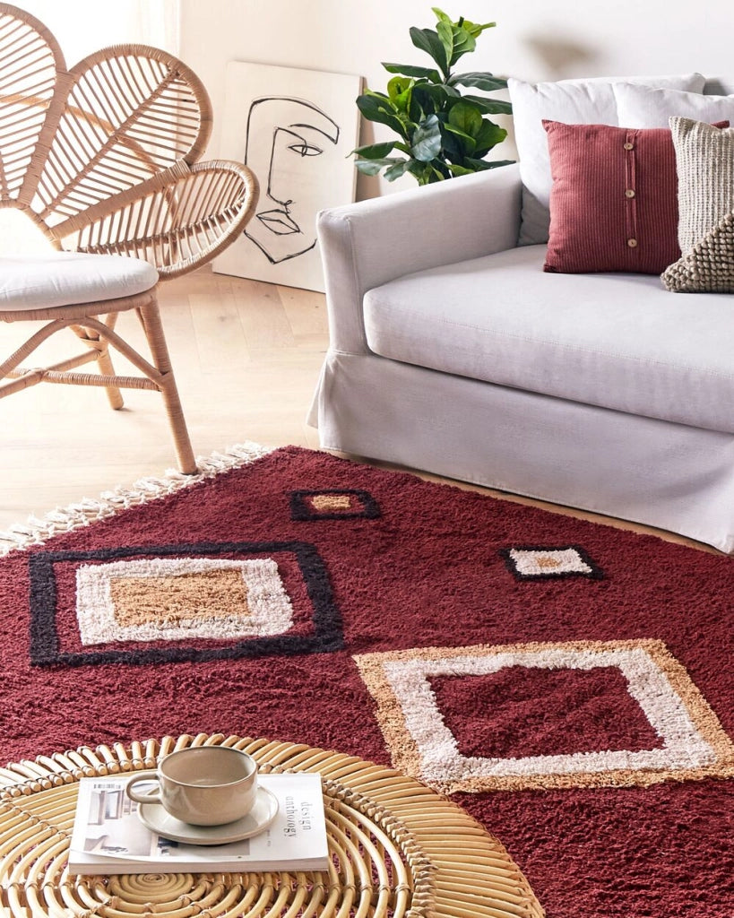 Tappeto in cotone con nappe e motivo a diamante rosso 140 x 200 cm soggiorno camera da letto