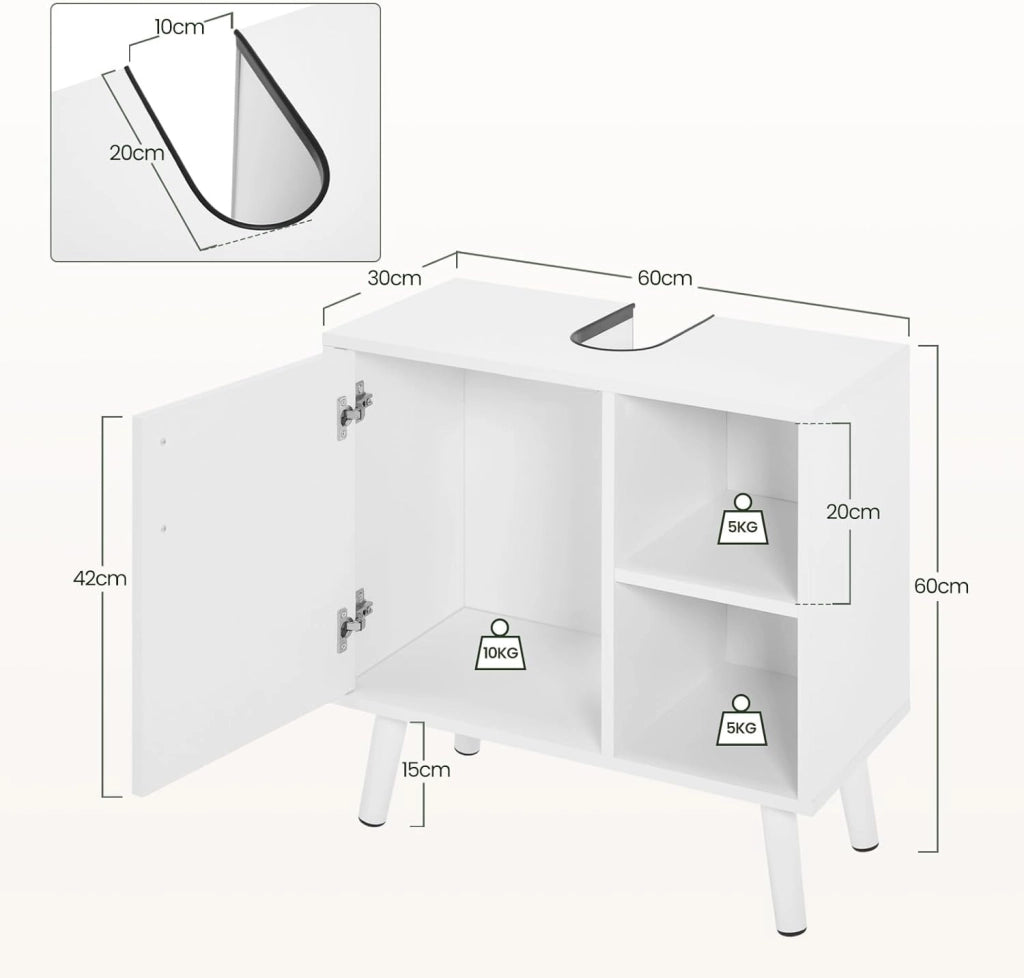 Mobile Bagno con Anta, Lavandino con 2 Vani a Giorno, Mobiletto da Bagno Freestanding, Legno Massiccio, Bianco, 60x30x60 cm