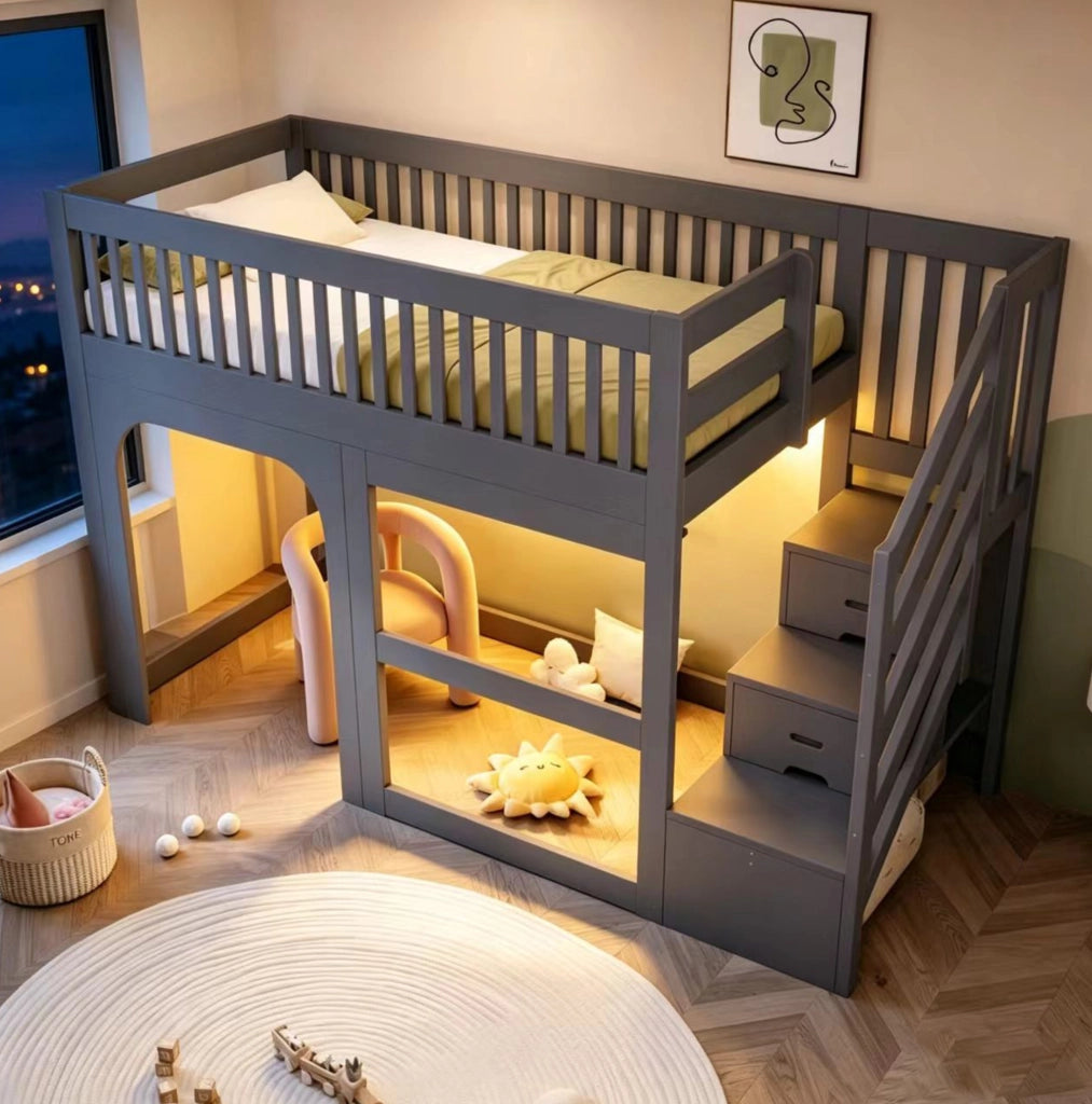 Letto a soppalco per bambini 90x200 cm con scala contenitore e LED