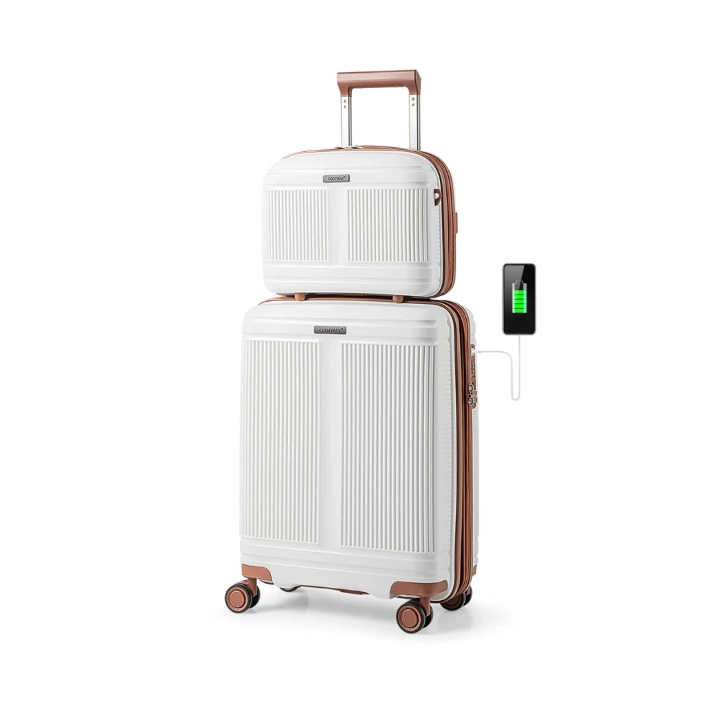 Set di valigie da 2 pezzi: valigia da cabina 50 x 22,5-25,5 x 39,5 cm trousse 35 x 15,5 x 27 cm con porta USB design moderno in PP bianco 20_0011830