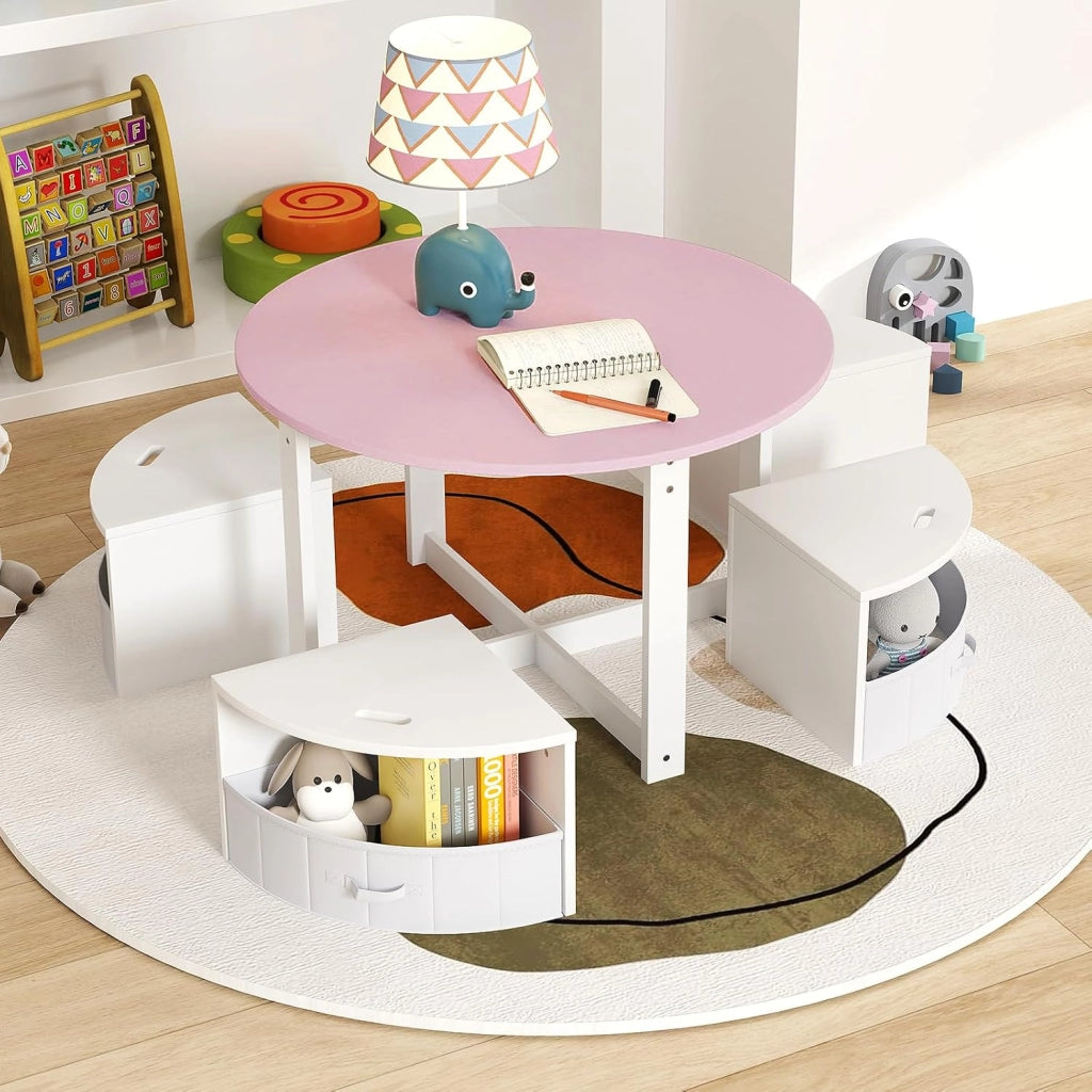 Set Tavolo e Sedie per Bambini a 5 Pezzi, Tavolino Rotondo Salvaspazio con 4 Sgabelli, Ripiano e 4 Cassetti in Tessuto, Set Mobili per Cameretta, Asilo e Disegnare (Rosa)