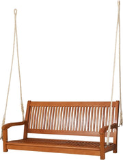 Dondolo Sospeso da Esterno con 2 Posti, Panca Altalena in Legno di Eucalipto con 2 Corde, Carico Massimo 360 kg, Ideale per Portico, Cortile e Balcone, 126 x 62 x 60 cm