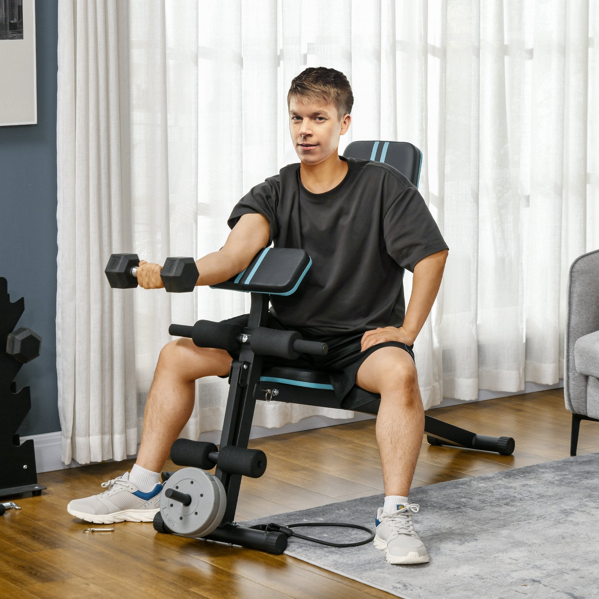 Panca Multifunzione Pieghevole con Schienale Regolabile a 7 Livelli e Leg Extension in Acciaio e ABS Blu