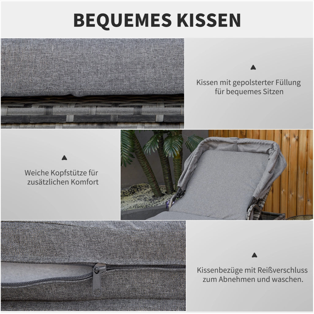 Lettino da giardino in polyrattan con cuscini e tettoia regolabile ¨C Zephmum ¨C Grigio 195x65x40 cm