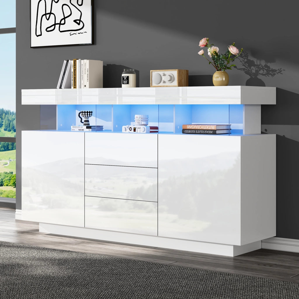 Credenza con 3 cassetti; 2 ante e illuminazione LED - 140 x 35 x 80 cm - bianco