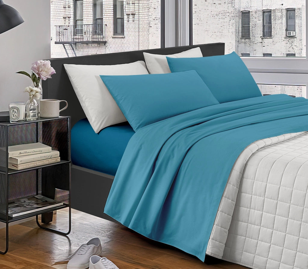 Completo Letto Lenzuola Matrimoniale,100% Cotone, Set letto, Lenzuolo Sopra, Sotto e Federe 2 Piazze Blu