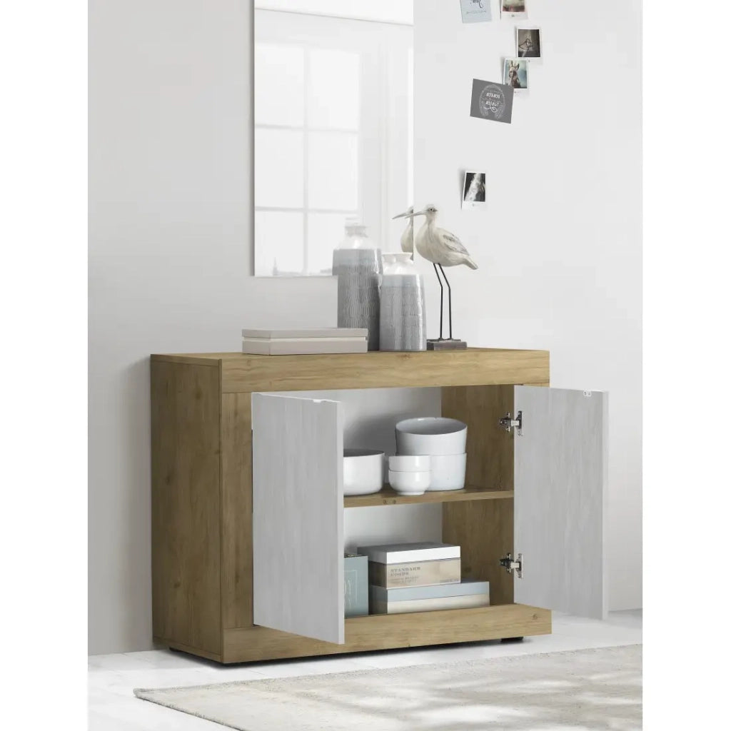 Buffet a 2 porte collezione ACCESS. Colori bianco e rovere chiaro.