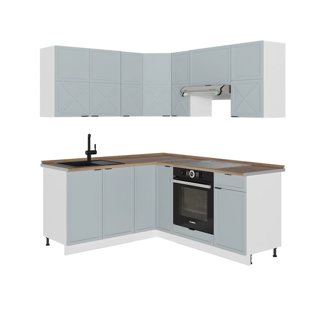 Cucina angolare completa Fame-Line Blu-grigio chiaro/Bianco 190 x 60 cm, PL Rovere Vicco