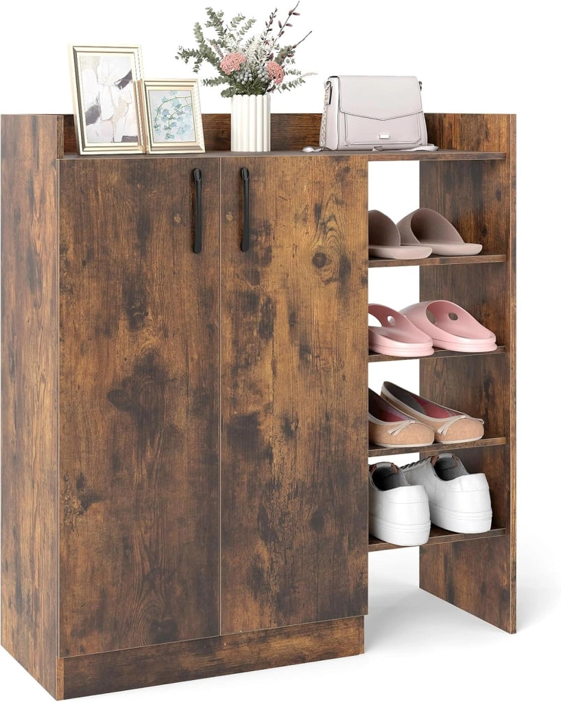Armadio Porta Scarpe, Scarpiera con Ripiani Regolabili a 3 Posizioni, Mobiletto Multifunzionale a 2 Ante con 5 Scomparti Aperti, per Ingresso, Corridoio, Soggiorno, 83 x 31 x 91 cm (Bianco)