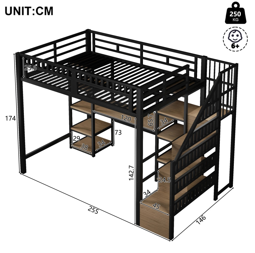 Letto a soppalco 140x200 cm con scrivania, LED e USB