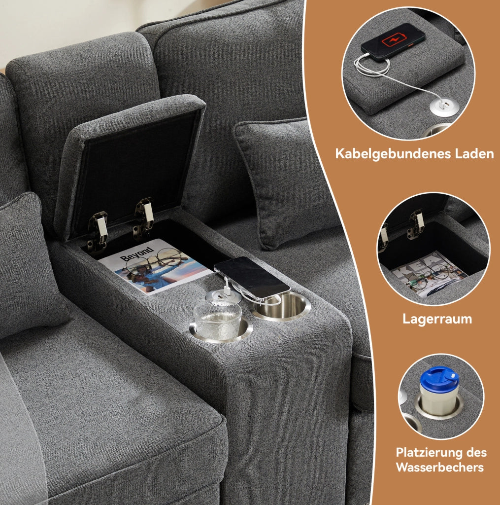 Divano 4 posti con console; 2 portabicchieri e USB; 290 × 83 × 88 cm; effetto lino grigio scuro
