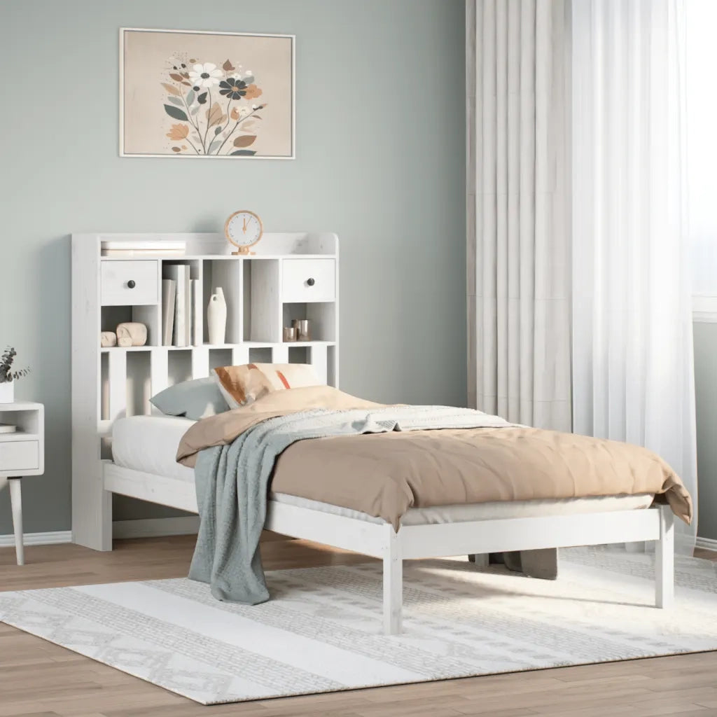 Letto Libreria senza Materasso-Struttura Letto con contenitore Bianca 90x200 cm Legno di Pino 975792