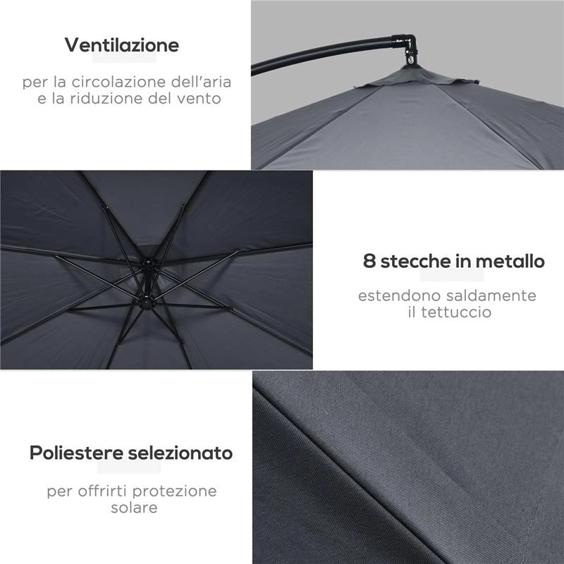 OMBRELLONE DA GIARDINO 3X3 M CON ZANZARIERA APERTURA A MANOVELLA E BASE A CROCE GRIGIO SCURO