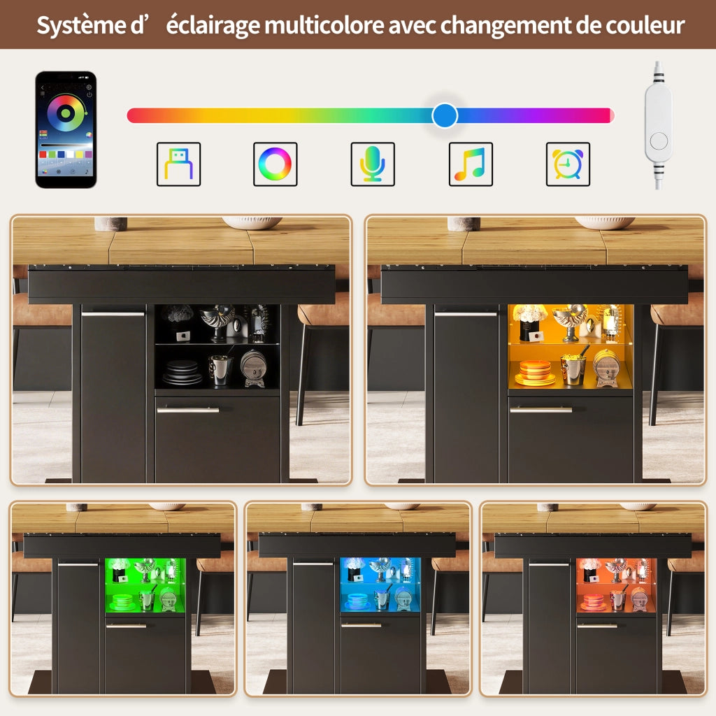Tavolo da pranzo allungabile con contenitore e illuminazione LED; per soggiorno e sala da pranzo; MDF nero
