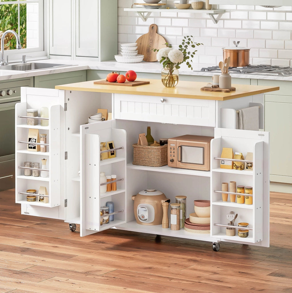 Carrello isola cucina con piano ribaltabile 120x70x92 cm in MDF; naturale e bianco