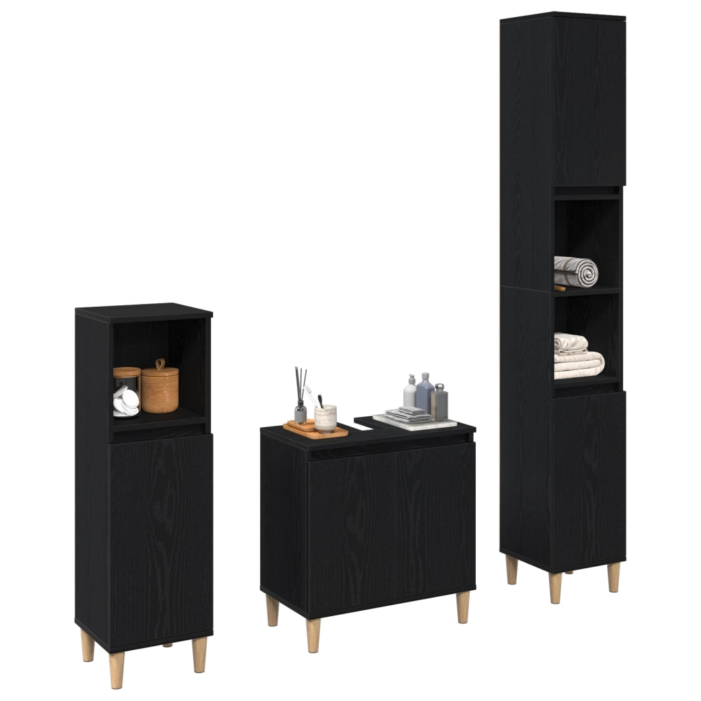 Set di Mobili da Bagno in 3 Pezzi Rovere Nero Legno Ingegnierizzato