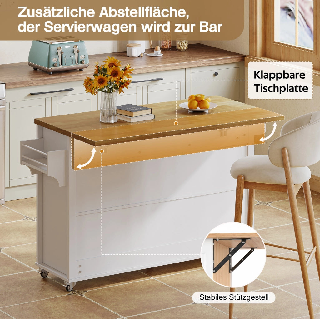 Isola da cucina con piano ribaltabile 140x43(70)x90;5 cm in MDF bianco e naturale