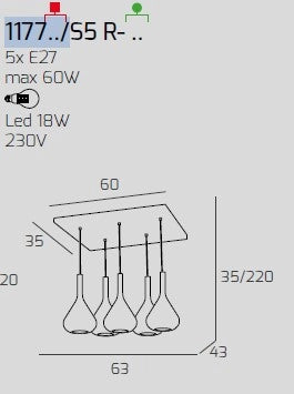 SOSPENSIONE BIANCO 5 LUCI RETTANGOLARE VETRI 2X TR + 3X AM 1177BI-S5 R-TA