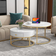 Set 2 tavolini da salotto rotondi impilabili 70/50 cm in MDF bianco lucido effetto marmo