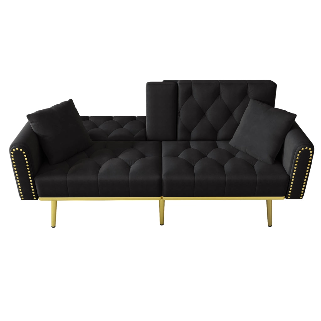 Divano letto in velluto con schienale regolabile, portabicchieri e cuscini, nero 175 × 80 × 73,5 cm