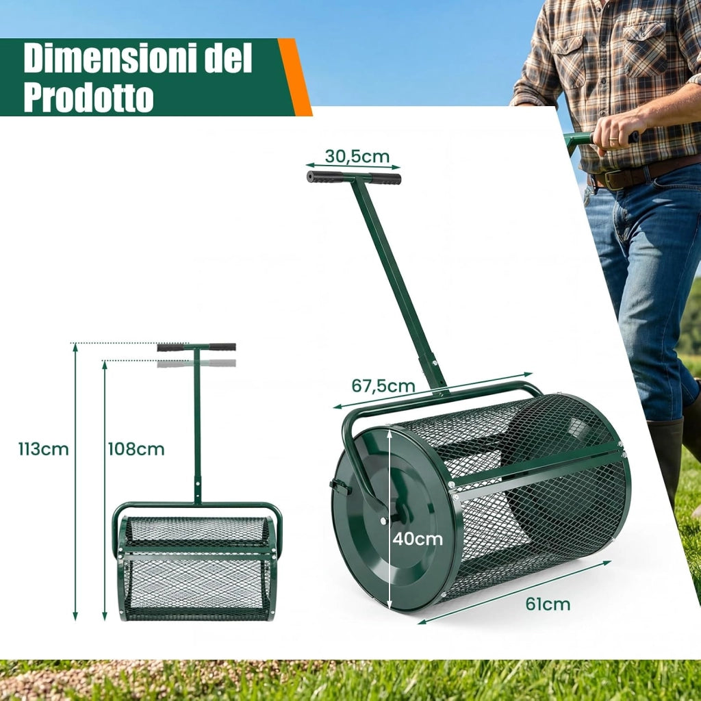 Spandiconcime a Rullo, Rullo da Giardino con Impugnatura Pratica Chiusure Laterali e Rete in Metallo per Concimazione e Semina, Spandiconcime per Prato e Giardino (40 x 61 cm Verde)
