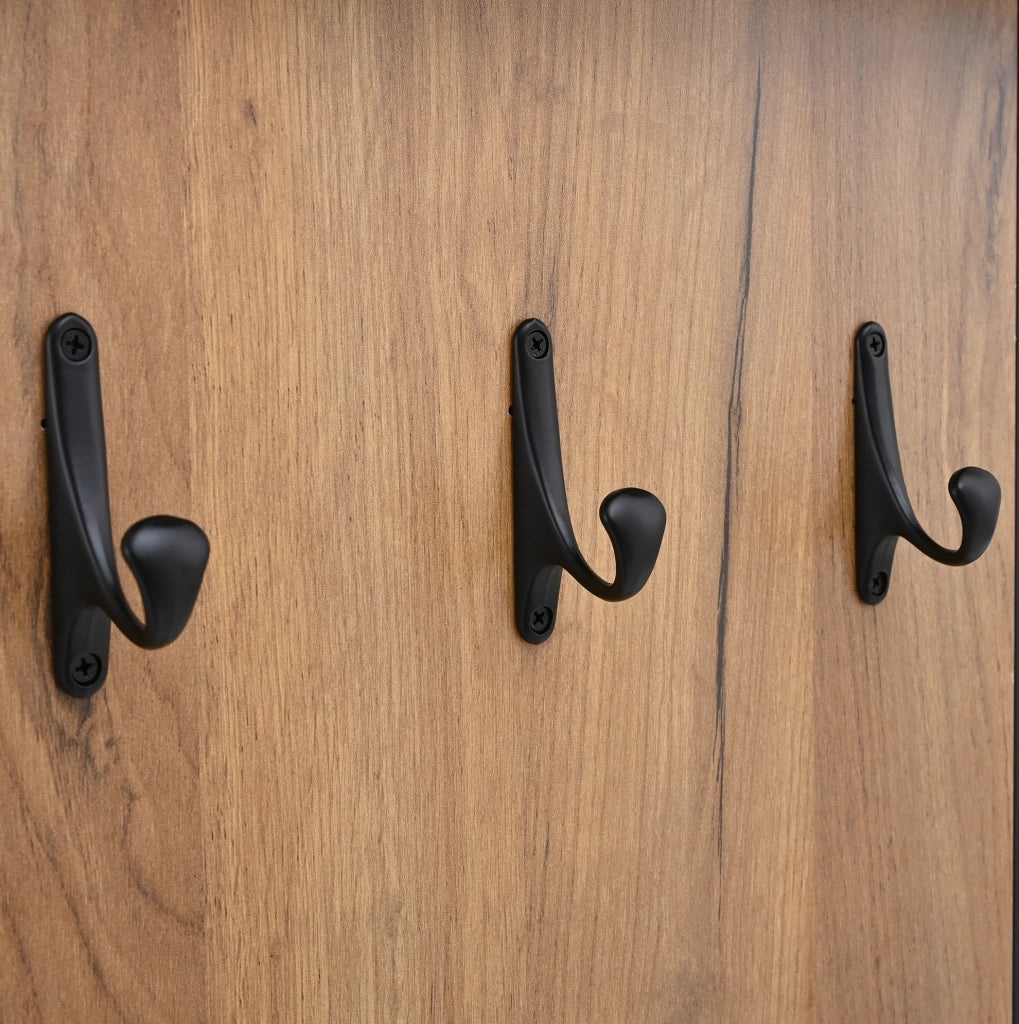 Appendiabiti da ingresso con scarpiera; panca imbottita e 3 ganci; 70 x 36 x 146 cm; nero e naturale