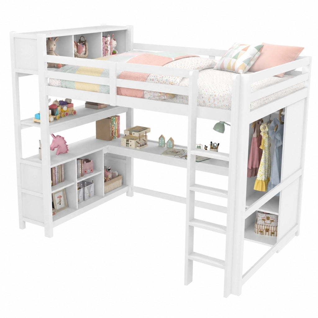 Letto a soppalco 140x200 cm con scrivania, scaffali e armadio, senza materasso, bianco
