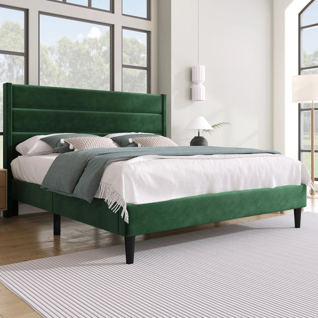 Letto Matrimoniale 140 x 200 cm con Testiera Imbottita; senza Materasso; in Velluto; Verde Scuro