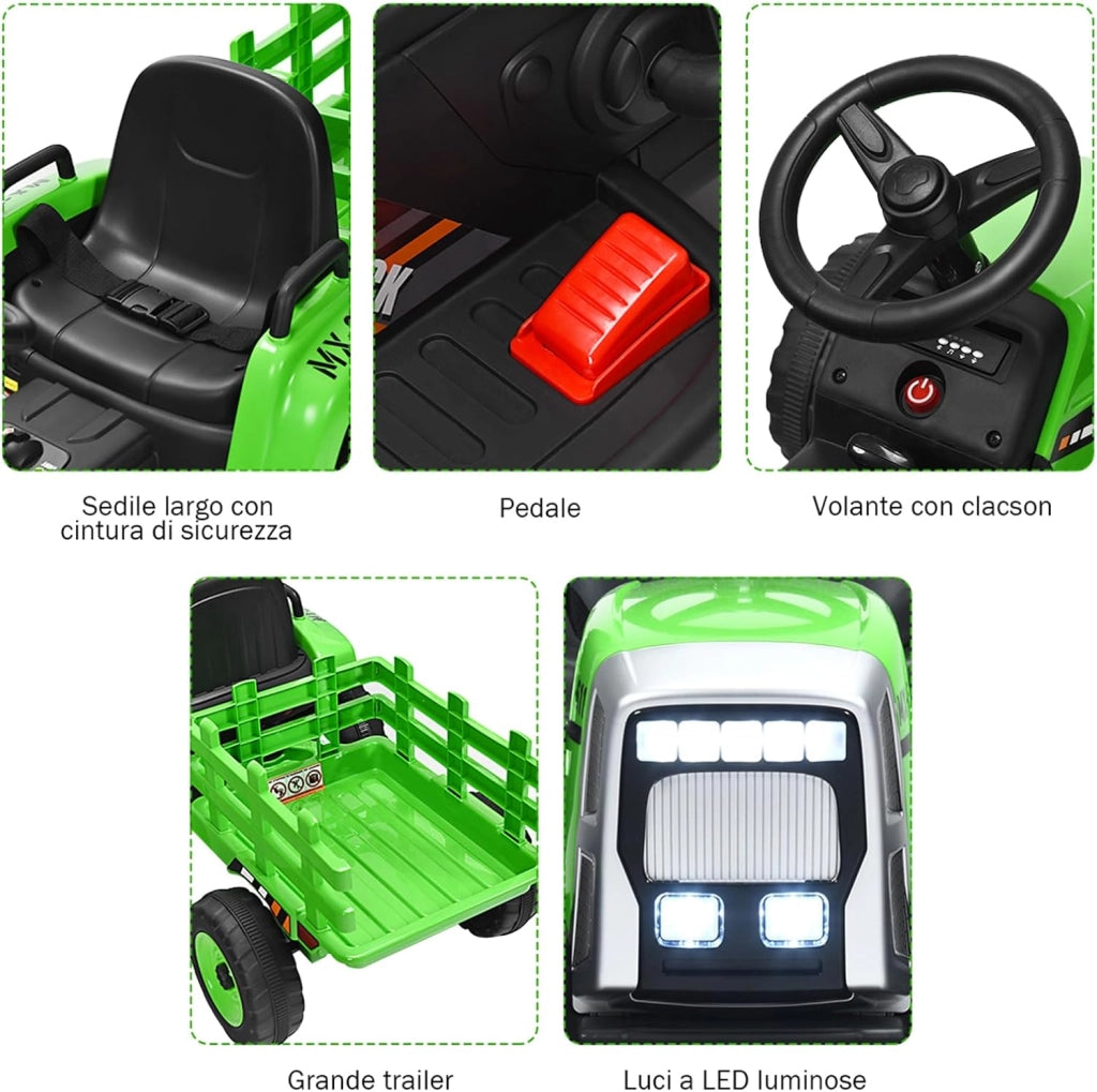 Trattore con Rimorchio Cavalcabile per Bambini 12V, Trattore Elettrico Telecomandato, con Luci e Suoni, 30kg, 3+ Anni (Verde)