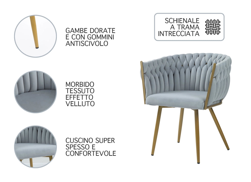 Poltrona Con Schienale In Velluto Intrecciato Design Moderno, Sedia Imbottita Circolare con Gambe in Metallo Placcato Oro Poltroncina  - Grigio