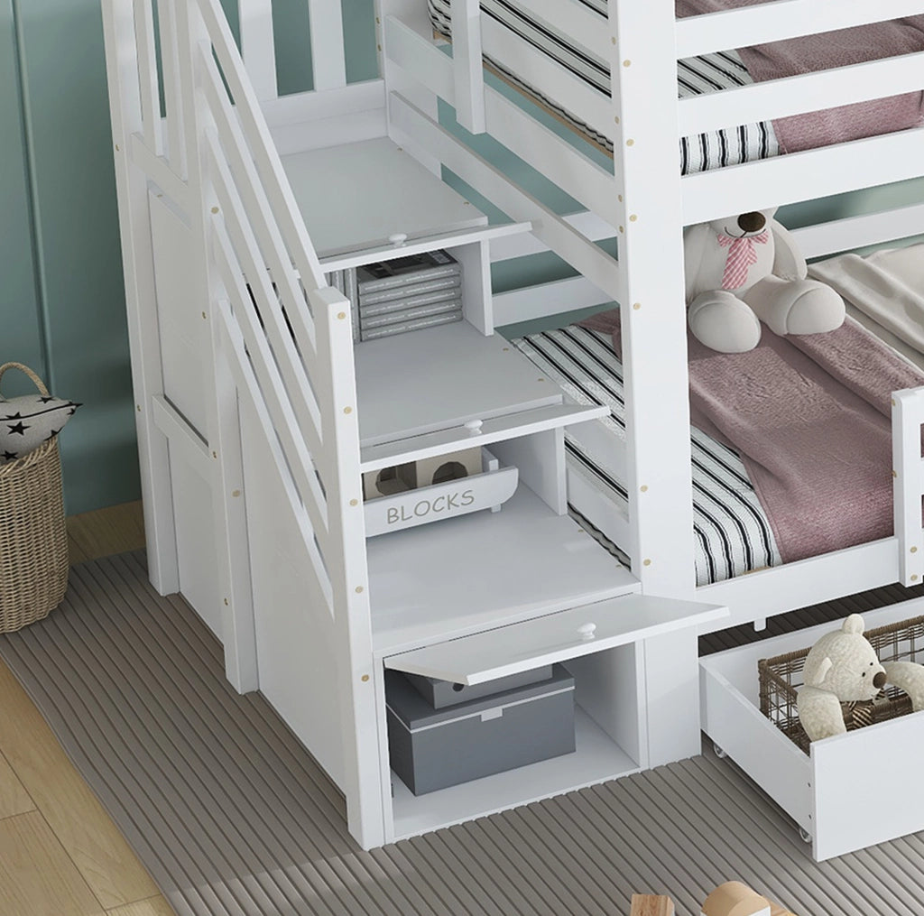 Letto a castello per bambini con scala contenitore e cassetto su ruote