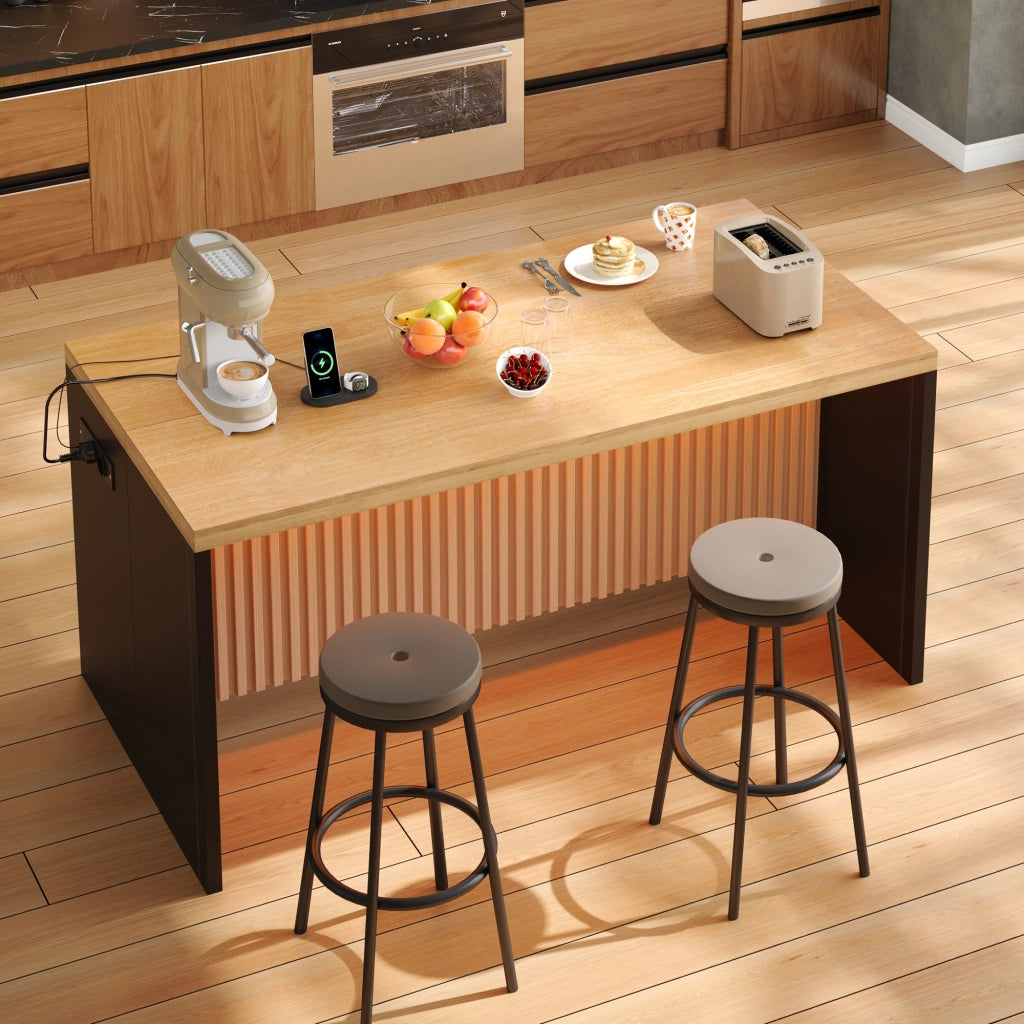 Mobile cucina con LED, 2 prese e 2 USB, piano da 40 mm, per cucina aperta, in MDF nero e naturale 155 × 80 × 90 cm