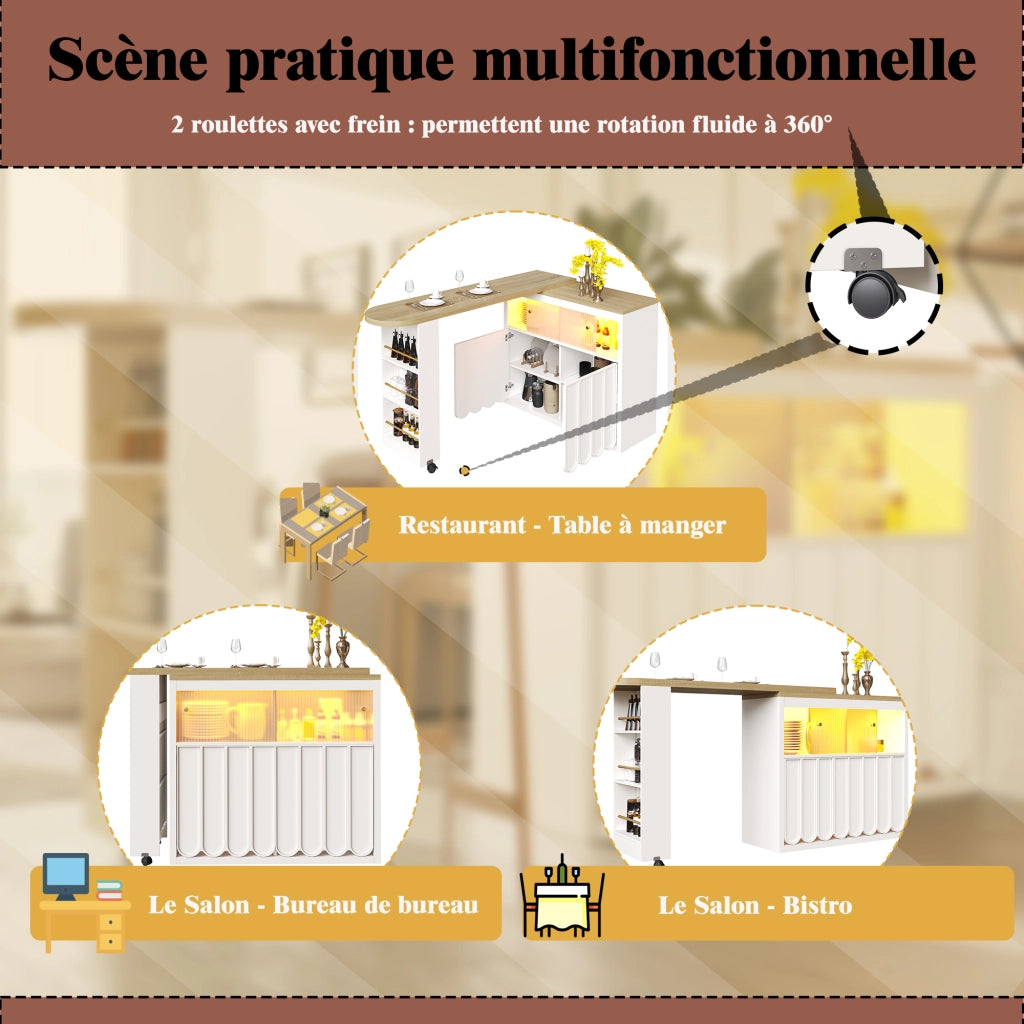 Tavolo Bar Estensibile con Vano Contenitore; Porta Scorrevole in Vetro; LED; USB e Ruote per Cucina e Soggiorno