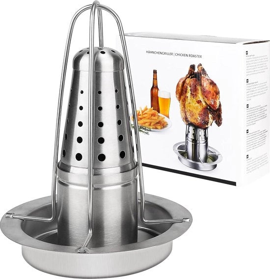 Grill aereo per pollo in acciaio inossidabile 430, 18 x 23 cm, set di cottura pollo, stendino pollo con contenitore birra, contenitore pollo con contenitore aroma, padella per pollo barbecue.