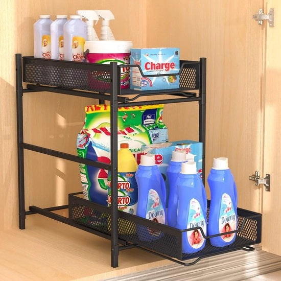 Planketto di appoggio per lavello in metallo, cassettiera estensibile, organizzatore per lavello con piastra scorrevole, tavola organizzatrice per cucina sotto lavello, nero